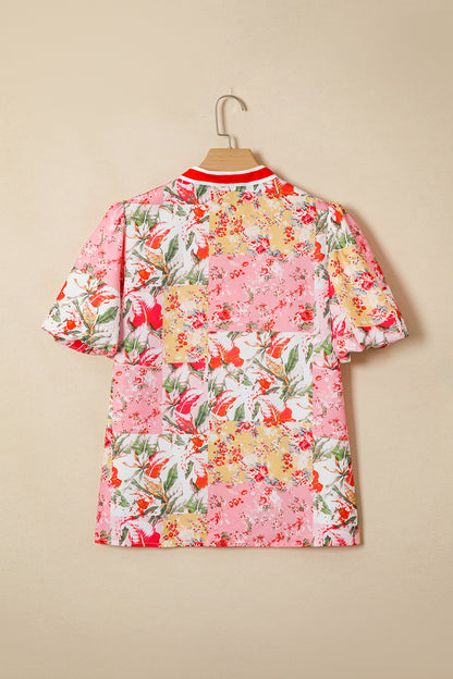 Pink Contrast Collared V Neck Short Sleeve Floral Blouse - Snoopy's Closet