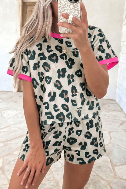Brown Unique Leopard Print Contrast Trim Top Loose 2pcs Short Set - Snoopy's Closet