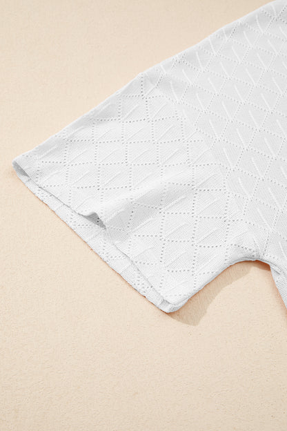 Top suelto de punto calado blanco con escote de pico y rombos, talla grande