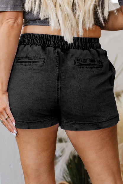 Dusk Blue Drawstring Elastic Waistband Pocketed Denim Shorts - Snoopy's Closet