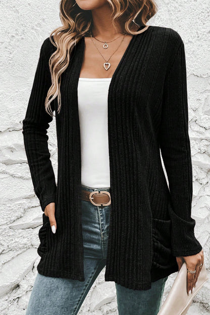 Black Ribbed Open Front Knitted Top with Pockets - Snoopy's Closet