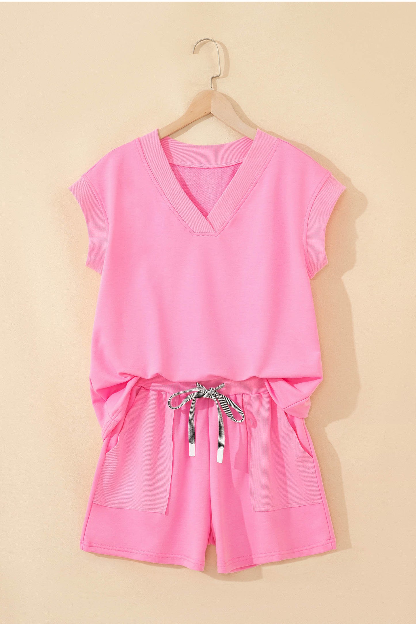 Sachet Pink V Neck Short Sleeve Top Drawstring Shorts 2pcs Set - Snoopy's Closet