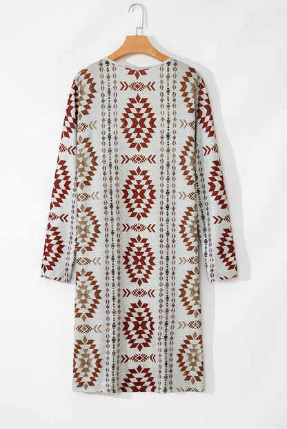 Brown Western Aztec Printed Open Front Long Cardigan - Snoopy's Closet
