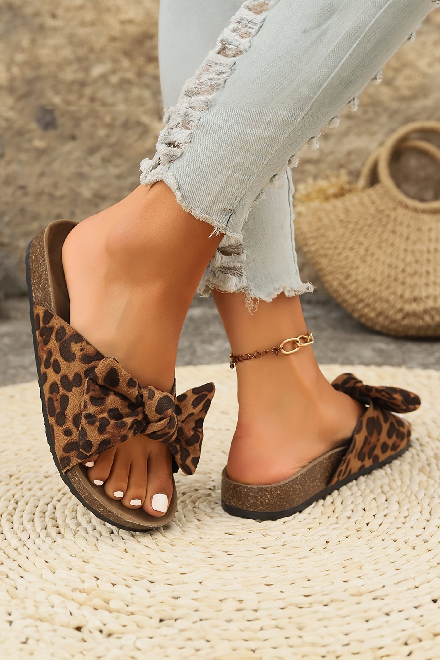 Coffee Leopard Bow Retro Cork Slippers - Snoopy's Closet