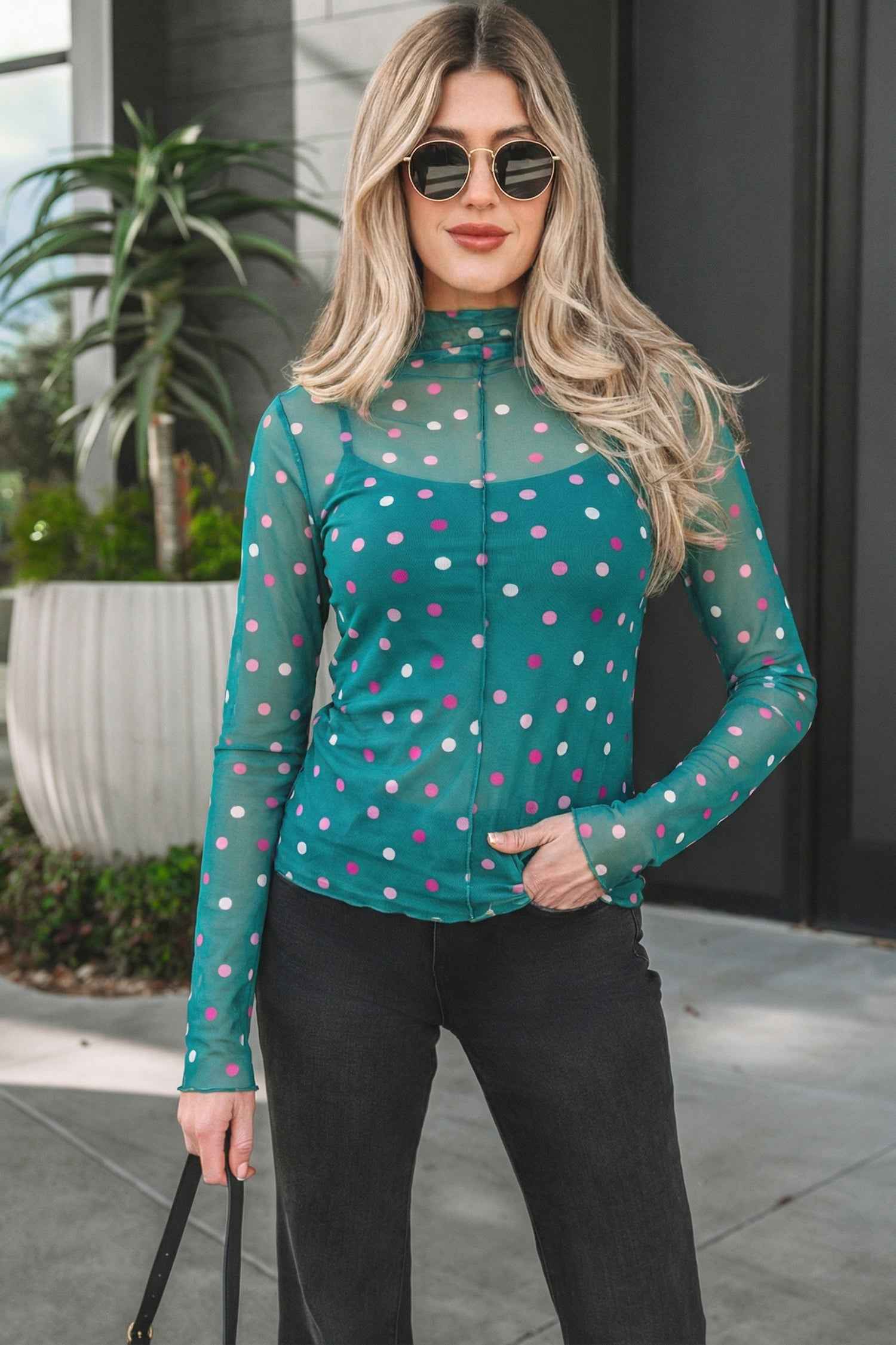 Red Polka Dot Patterned Bodycon Mock Neck Mesh Long Sleeve Top