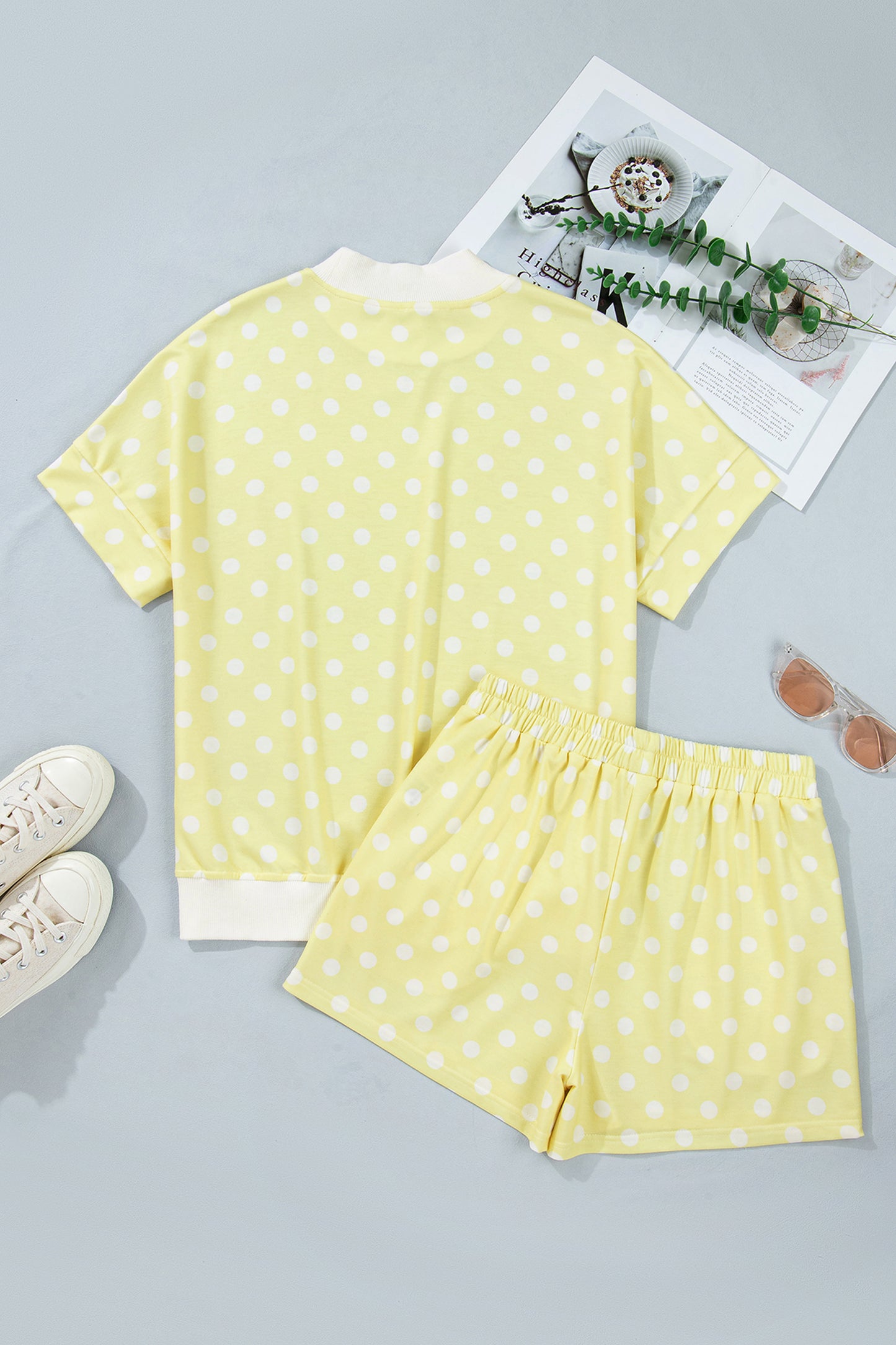Sky Blue Polka Dot Print Color Block Trim Mock Neck Short Set - Snoopy's Closet