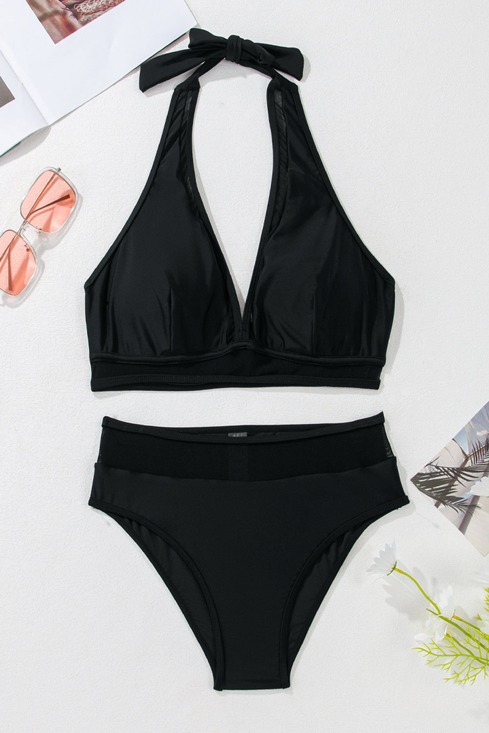 Black Sheer Mesh Edged Halter V Neck Push Up Bikini - Snoopy's Closet