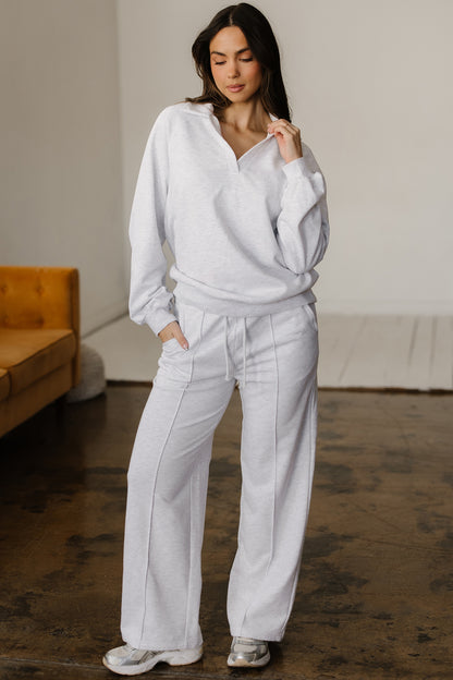 Light Grey Polo Collar V Neck Pullover and Drawstring Sweatpants Set - Snoopy's Closet