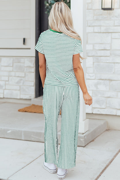 Sky Blue Stripe Crew Neck Tee Drawstring Waist Cropped Pants Set - Snoopy's Closet