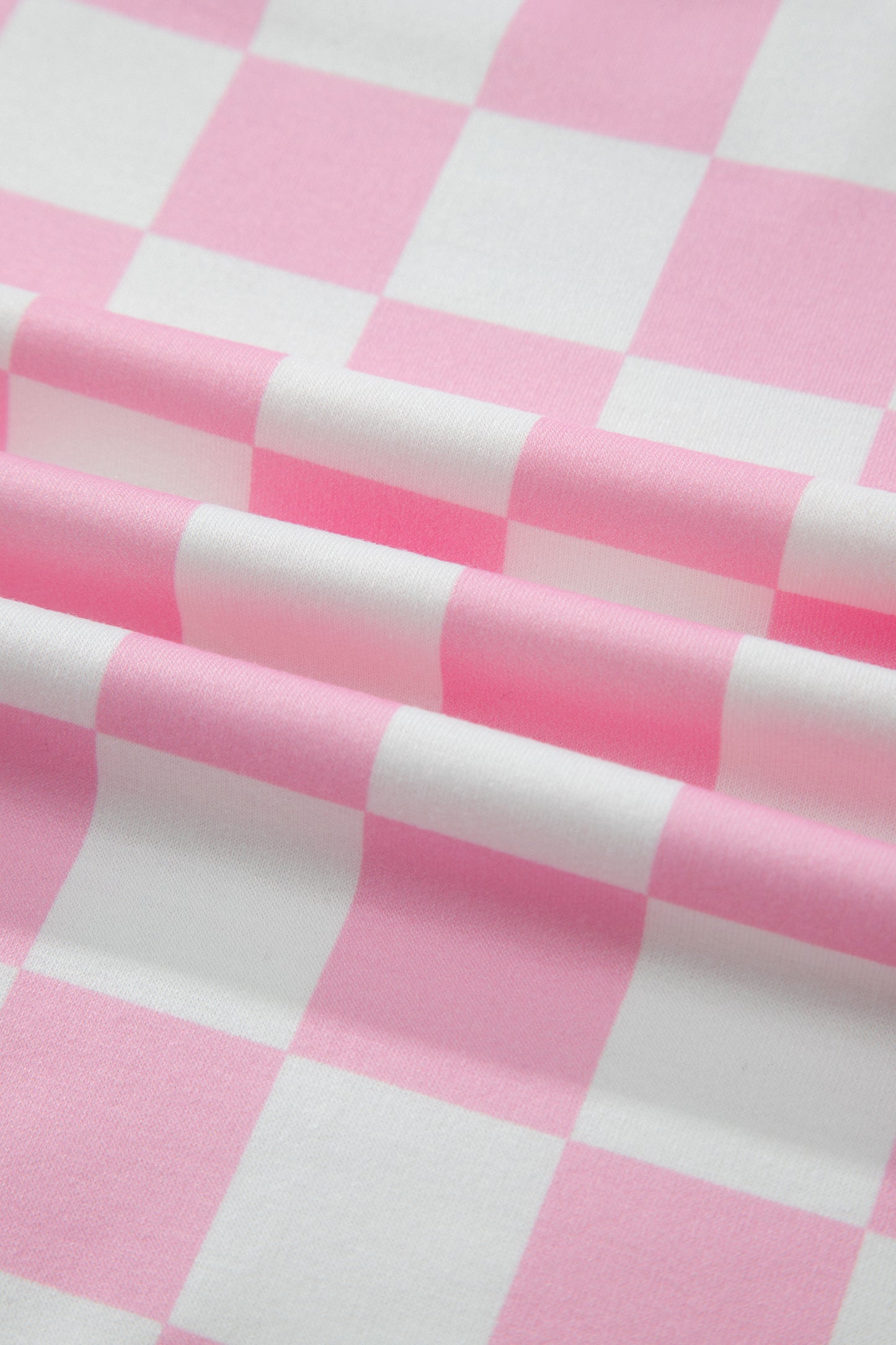 Pink Checkered Print Color Block Trim Mock Neck Short Set - Snoopy's Closet