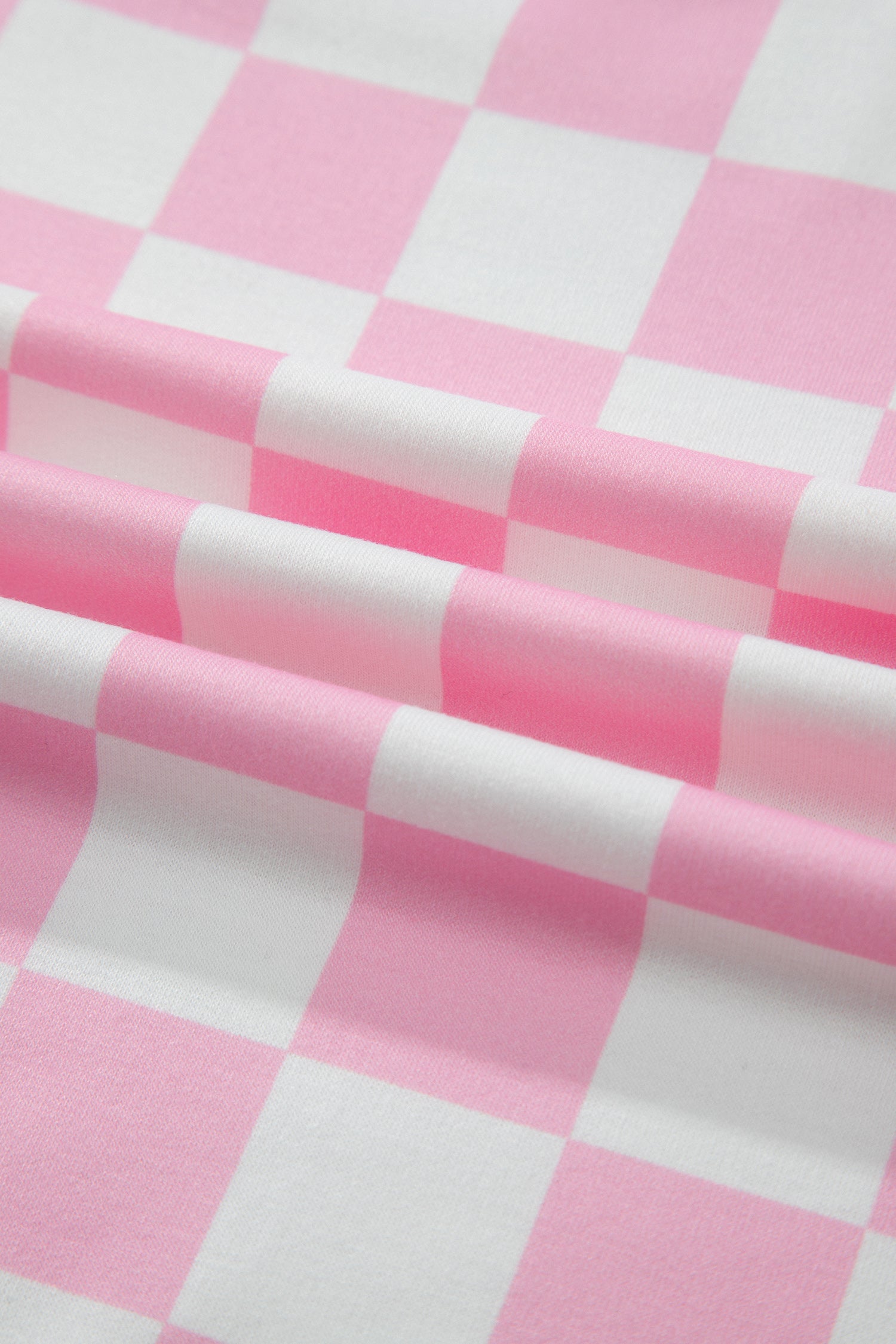 Pink Checkered Print Color Block Trim Mock Neck Short Set - Snoopy's Closet
