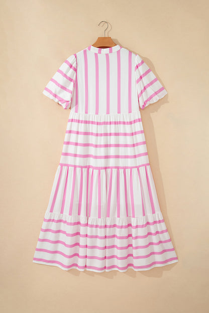 Pink Stripe Ricrac Trim Notched Neck Half Sleeve Vacation Dress - Snoopy's Closet