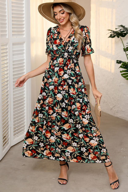 Vestido Maxi de Manga Corta con Volantes y Cuello de Pico con Estampado Floral Negro Ardiente