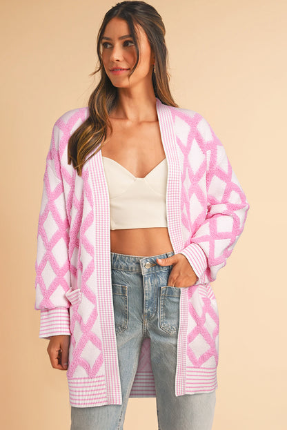 Pink Rhombus Pattern Knit Open Front Pocketed Cardigans - Snoopy's Closet