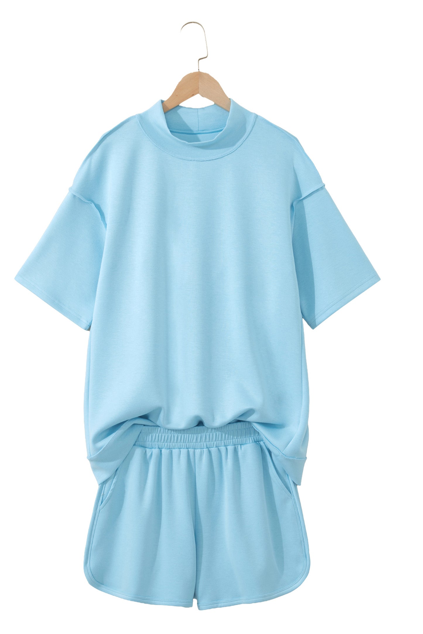 Moonlight Jade Solid Color Exposed Seam Mock Neck Oversize Tee Casual Shorts 2pcs Outfit - Snoopy's Closet