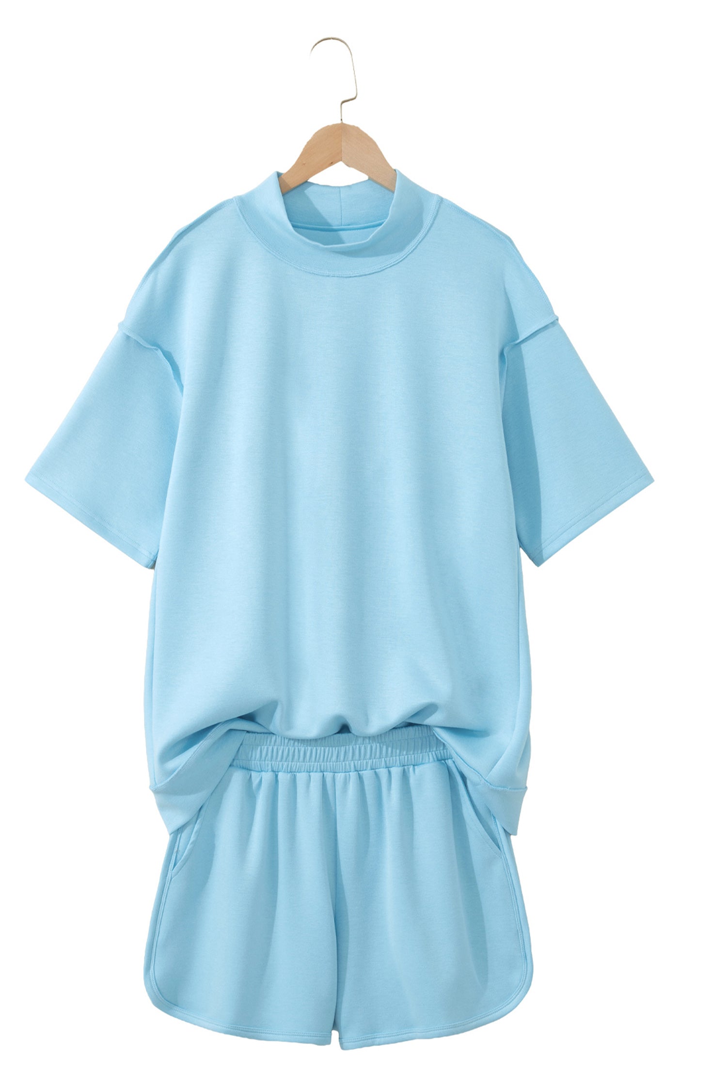 Moonlight Jade Solid Color Exposed Seam Mock Neck Oversize Tee Casual Shorts 2pcs Outfit - Snoopy's Closet