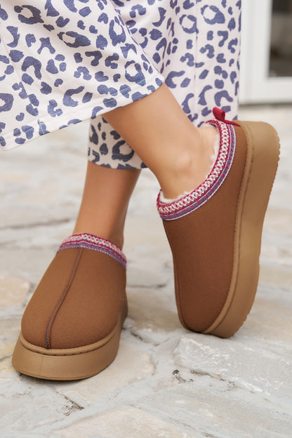 Chestnut Contrast Print Suede Plush Lined Snow Boots - Snoopy's Closet