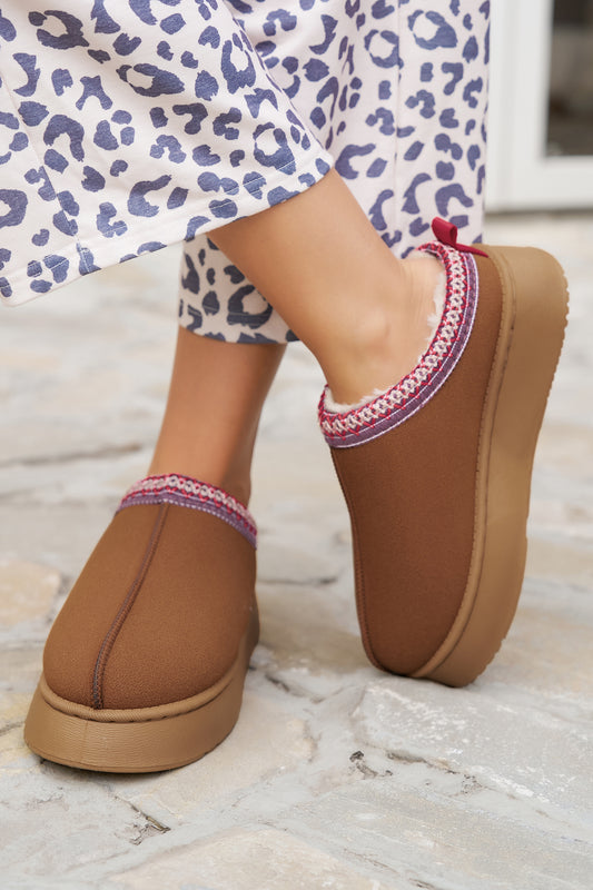 Chestnut Contrast Print Suede Plush Lined Snow Boots - Snoopy's Closet