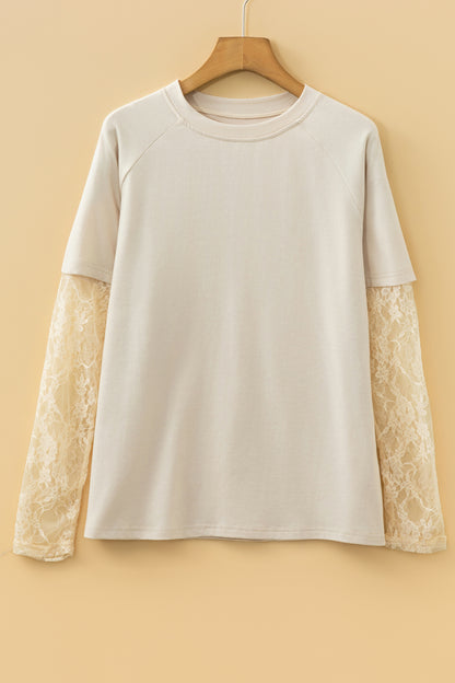Jet Stream Solid Color Lace Patchwork Long Sleeve T Shirt - Snoopy's Closet