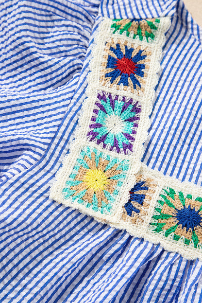 Sky Blue Stripe Textured Ruffle Short Sleeve Boho Detail Square Neck Blouse - Snoopy's Closet