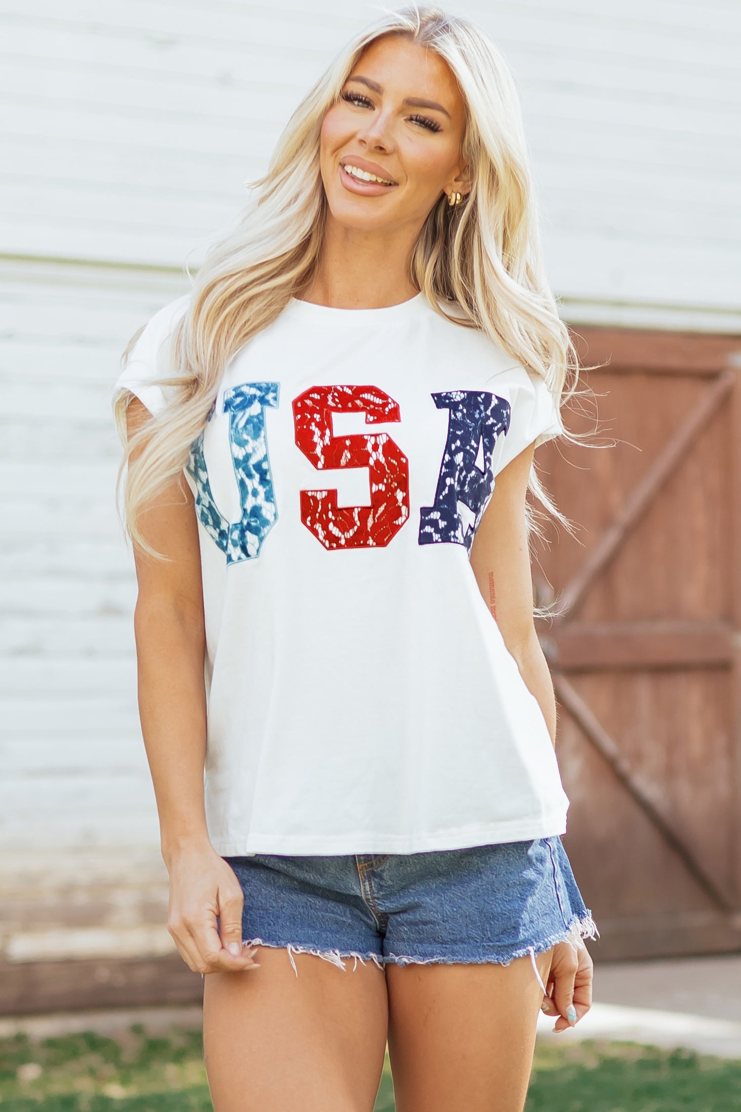 White USA Color Block Letter Printed Dolman Tee - Snoopy's Closet