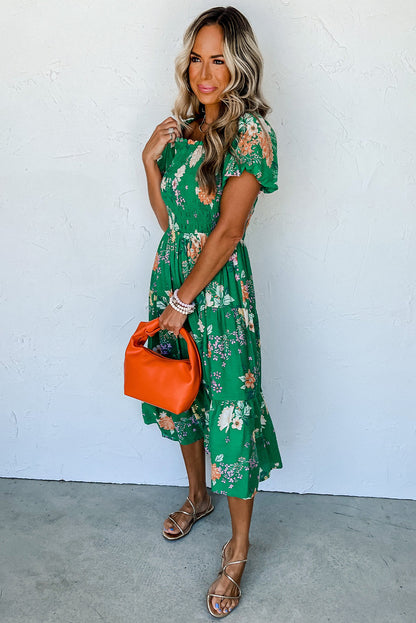 Vestido Midi Escalado Fruncido de Manga Abullonada con Estampado Floral Verde