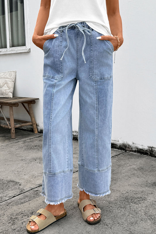 Pantalones vaqueros anchos Beau Blue con cordón, detalle de costura y bajo sin rematar