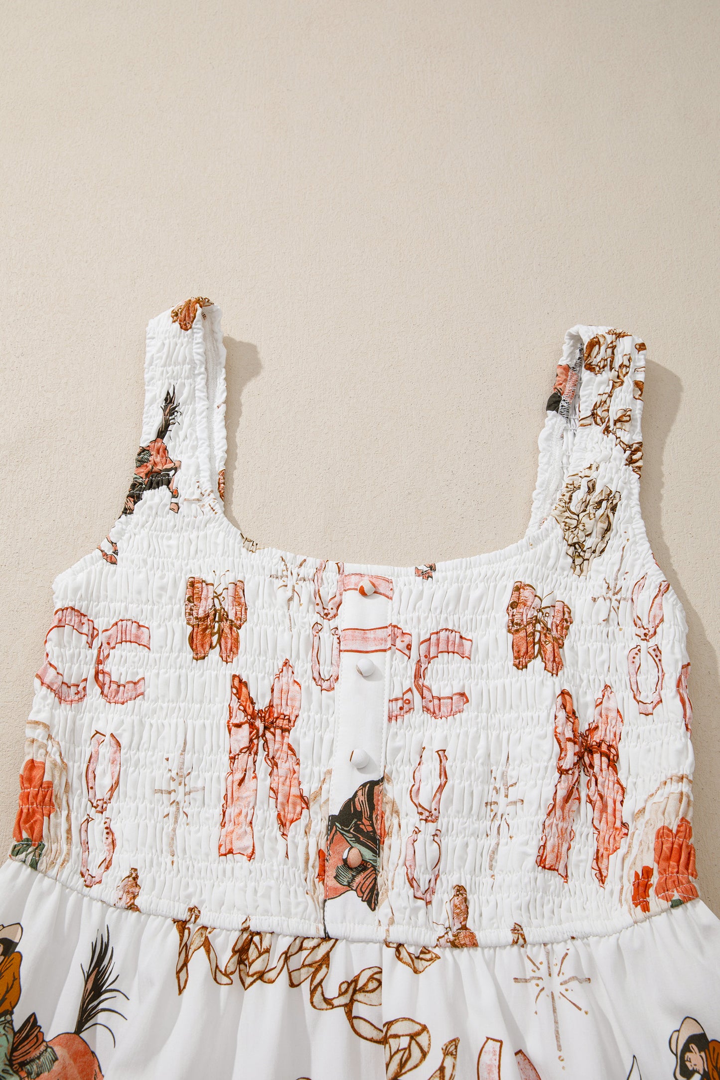 Vestido midi sin mangas con cuello de pico y estampado de herraduras del Oeste en blanco