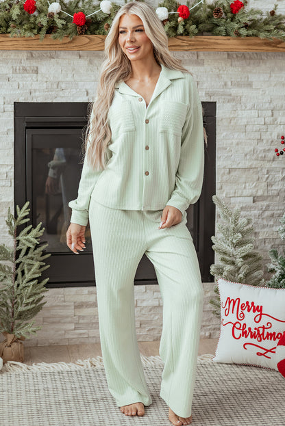 Clearly Aqua Textured Patched Chest Pocket Shirt and Pants Set - Snoopy's Closet