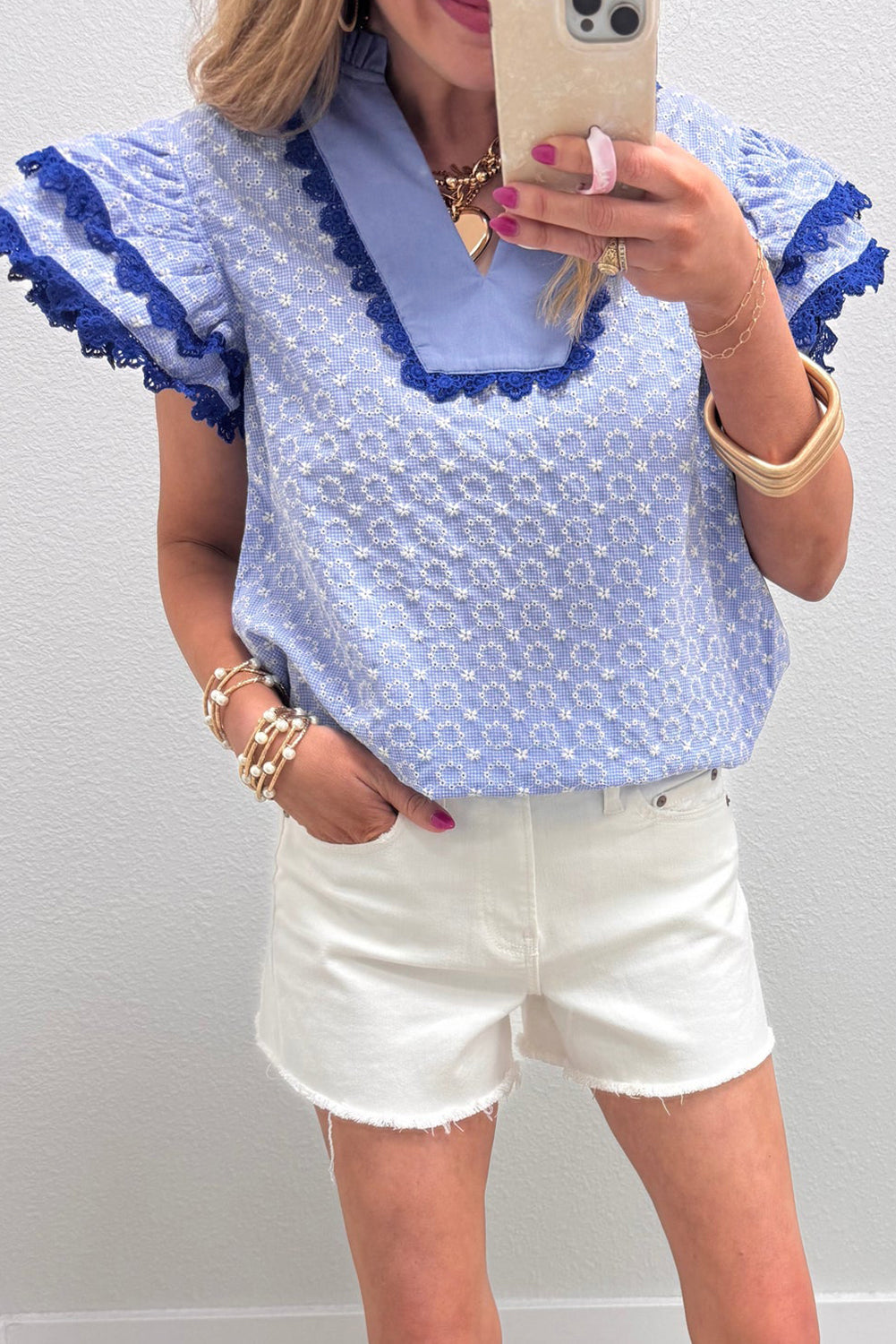 Beau Blue Eyelet Embroidered Flower Texture Contrast Lace Trim Flutter Sleeve Blouse - Snoopy's Closet