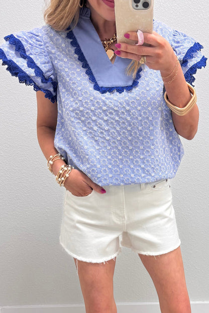 Beau Blue Eyelet Embroidered Flower Texture Contrast Lace Trim Flutter Sleeve Blouse - Snoopy's Closet