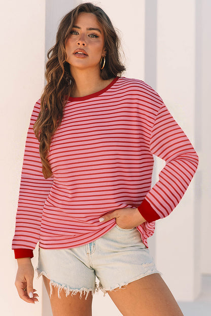 Pink Stripe Textured Round Neck Drop Shoulder Long Sleeve T Shirt - Snoopy's Closet