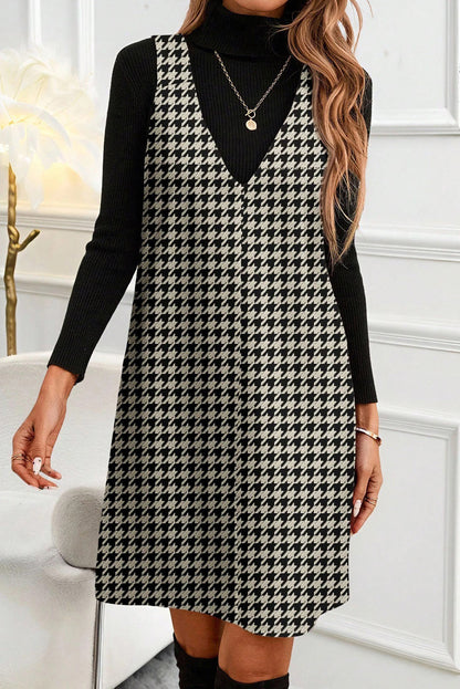 Khaki Houndstooth Print V Neck Sleeveless Mini Dress - Snoopy's Closet