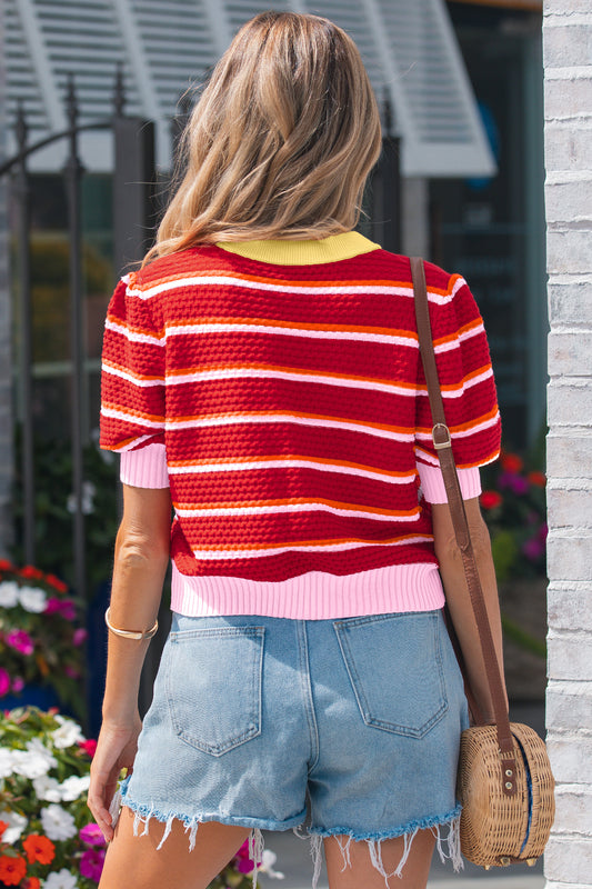 Top de suéter de manga media con ribete Colorblock a rayas rojas