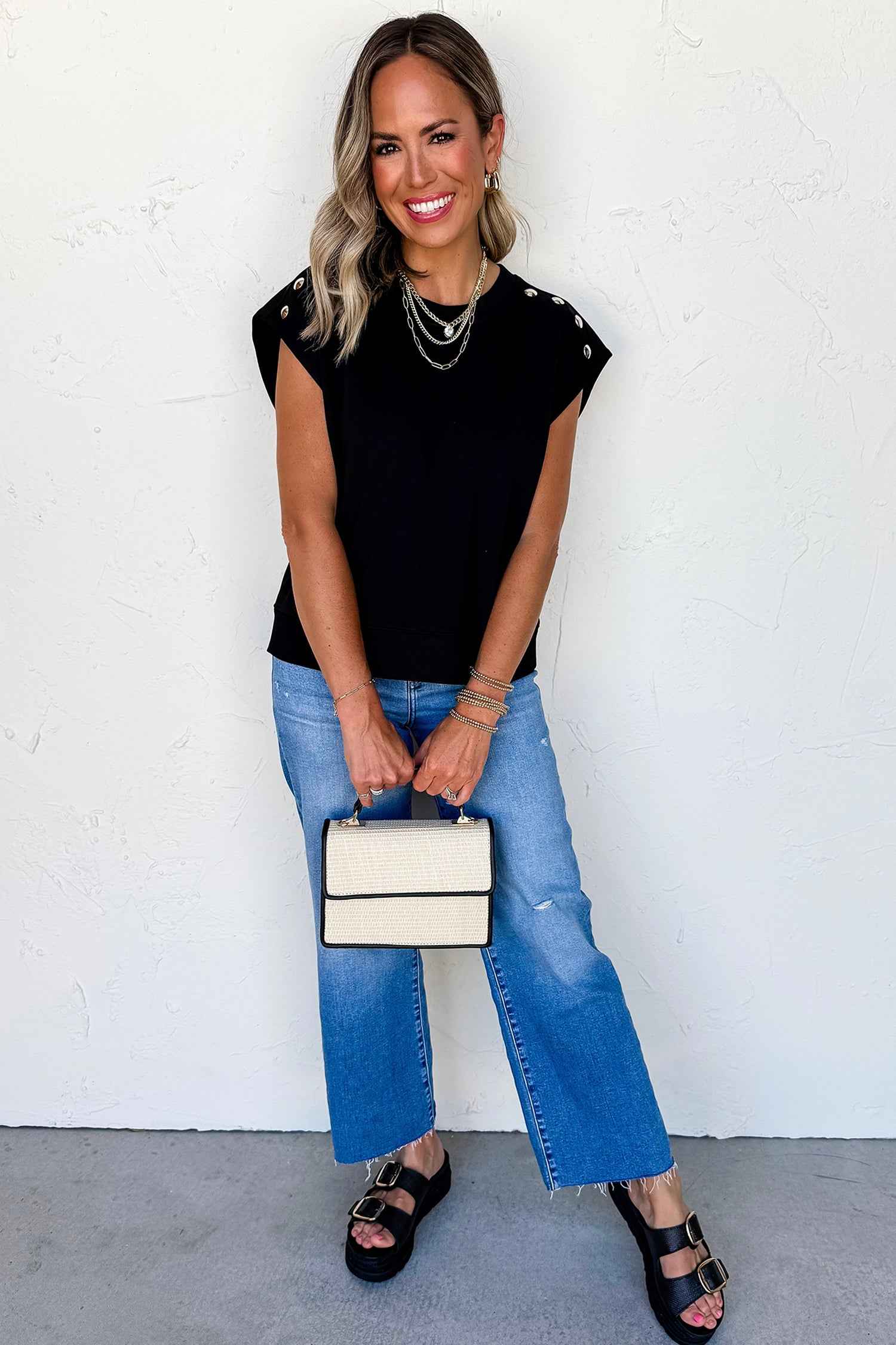 Black Casual Solid Short Sleeve Top with Metal Button Details Key Features