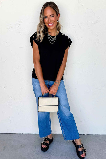 Black Casual Solid Short Sleeve Top with Metal Button Details Key Features