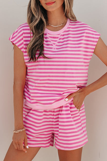 Pink Stripe Cap Sleeve Tee Elastic Waist Shorts 2pcs Outfit - Snoopy's Closet