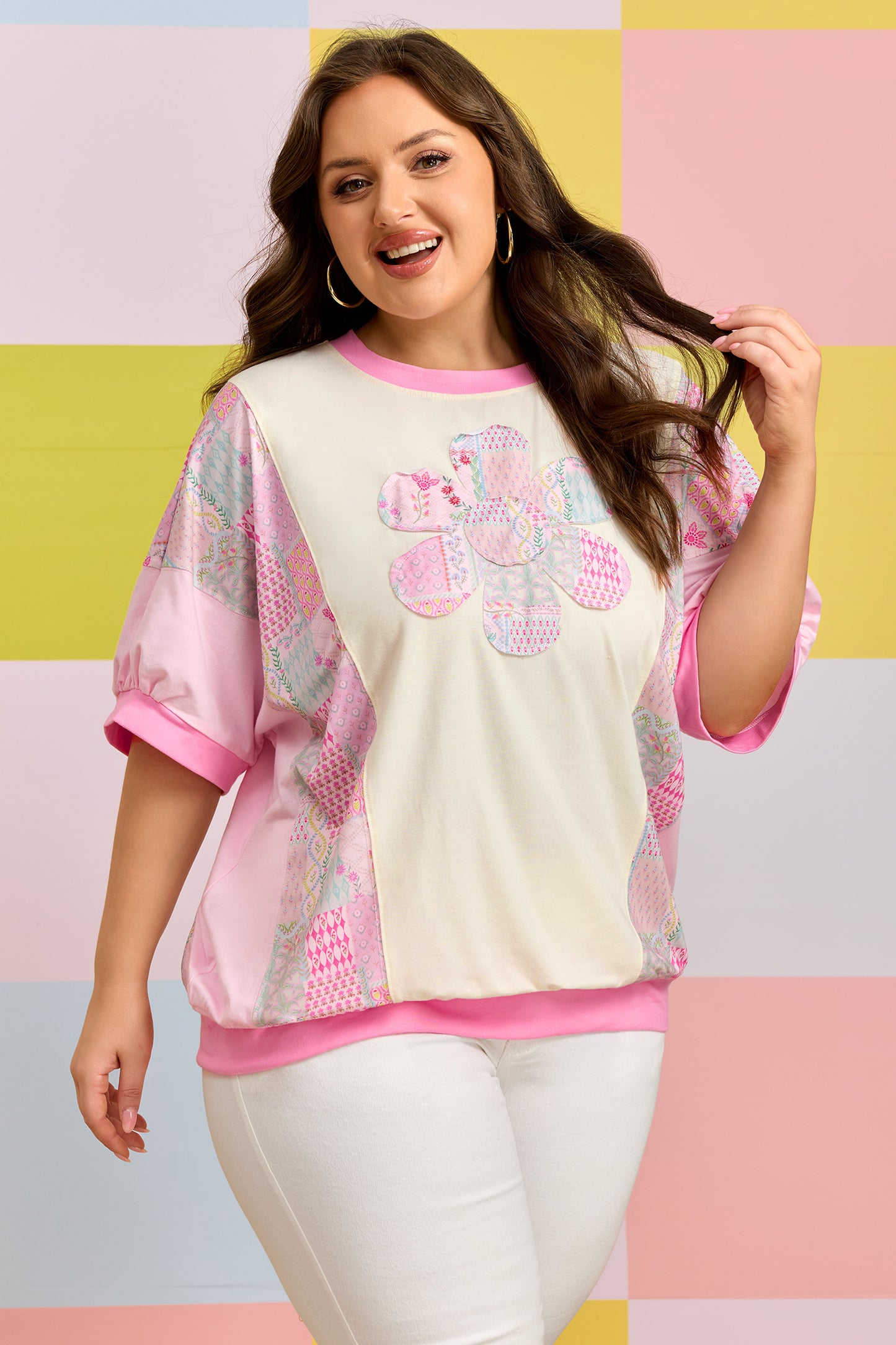 Camiseta de algodón de manga corta con estampado floral patchwork y bordado, talla grande, color beige