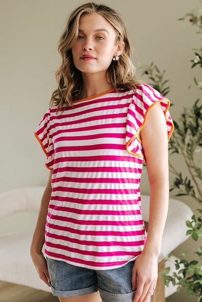 Rose Red Striped Ruffle Sleeve Crew Neck Blouse - Snoopy's Closet