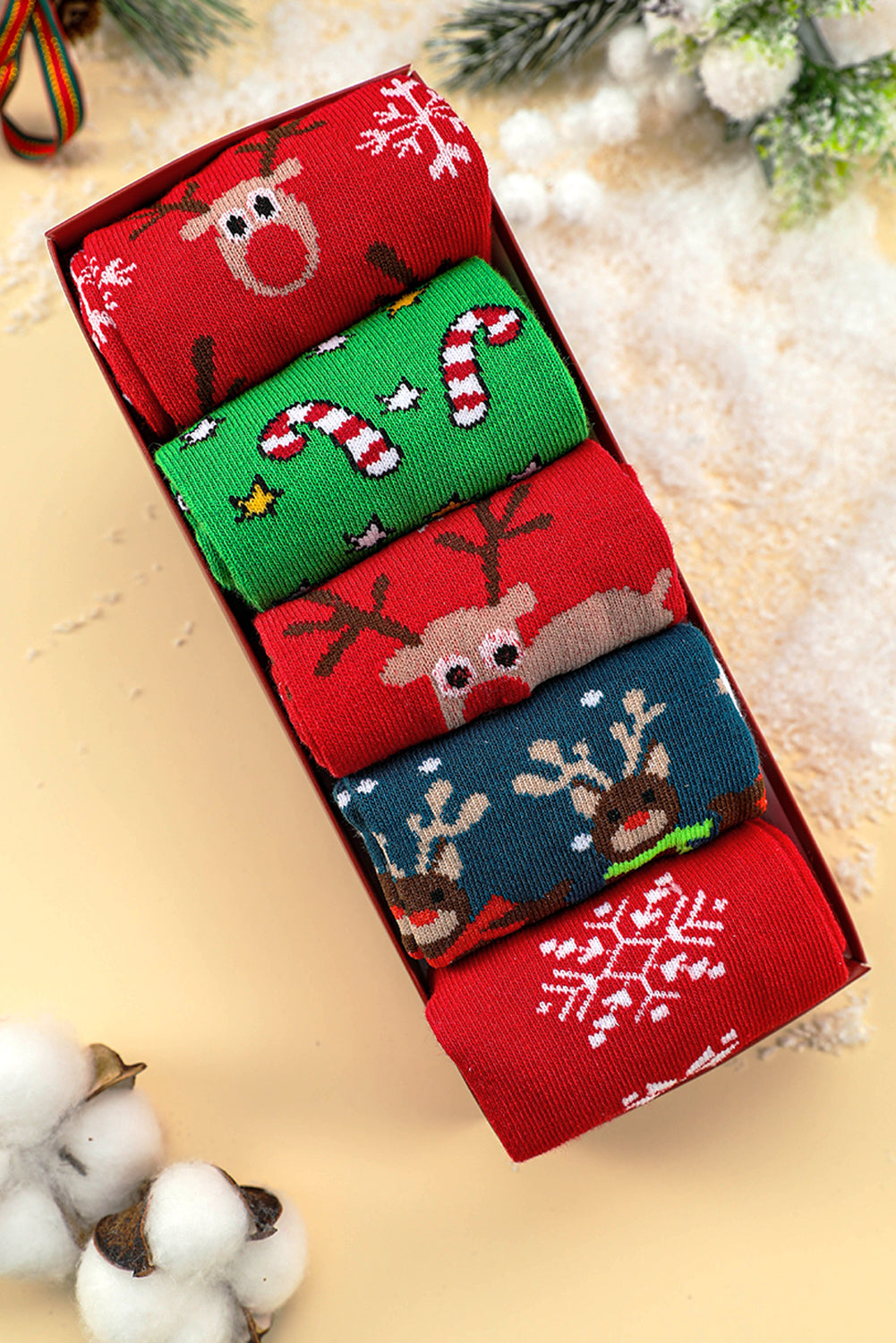 Dearlove Fiery Red 5 Pairs/Set Christmas Cartoon Elk Soft Socks Set with Box - Snoopy's Closet