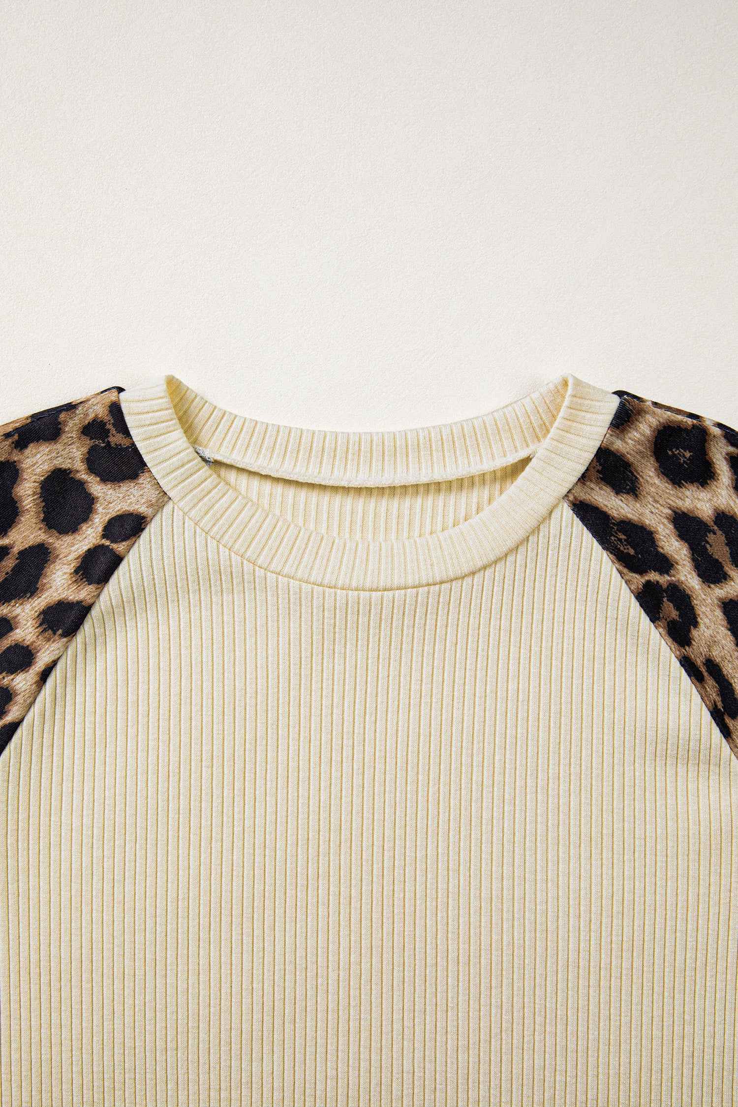 Apricot Ribbed Color Block Leopard Contrast Sleeve Loose Tee