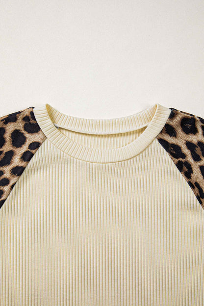 Apricot Ribbed Color Block Leopard Contrast Sleeve Loose Tee