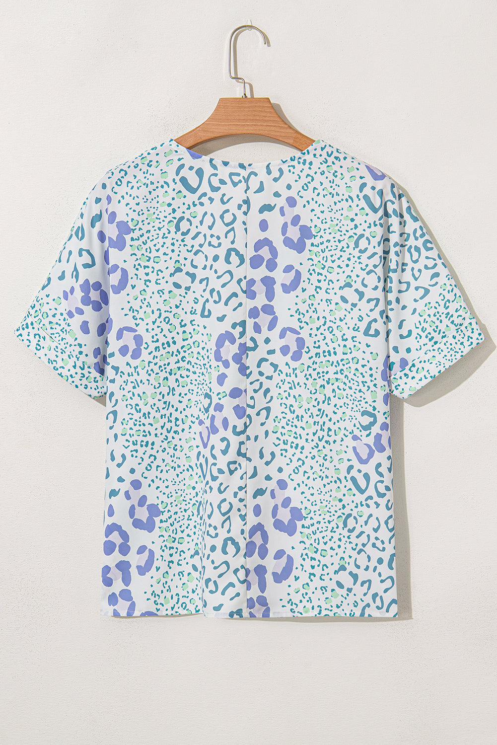 Sky Blue Mixed Leopard Print V Neck Short Sleeve Blouse - Snoopy's Closet