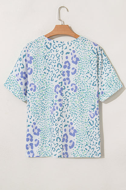 Sky Blue Mixed Leopard Print V Neck Short Sleeve Blouse - Snoopy's Closet
