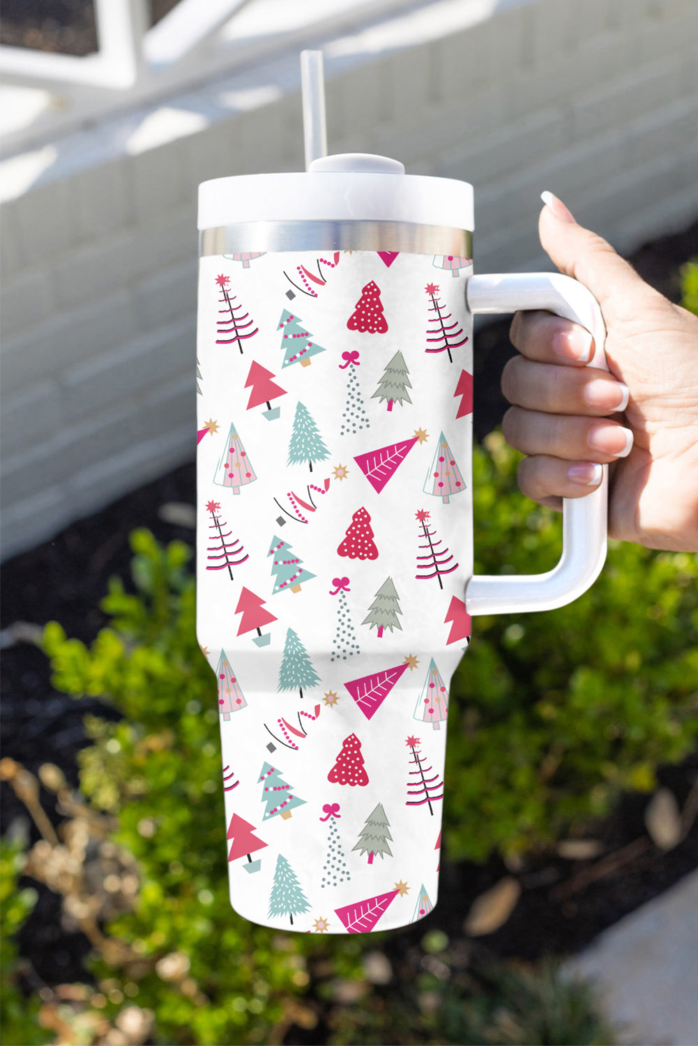 Termo de 40 oz con estampado de árbol de Navidad de dibujos animados blanco