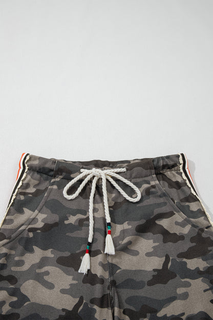 Green Camouflage Print Striped Side Panel Patchwork Drawstring Pants