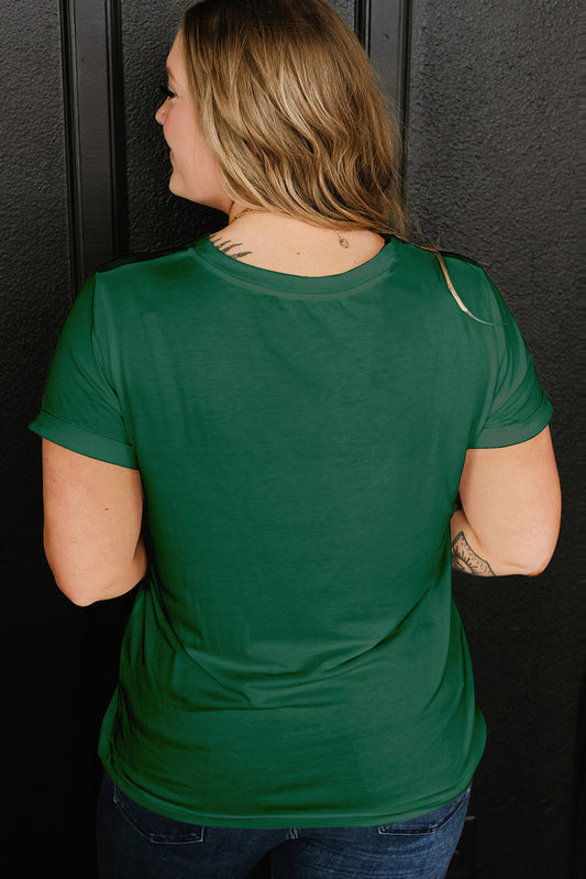 Dark Green Round Neck Rolled Sleeve Plus Size T-shirt - Snoopy's Closet