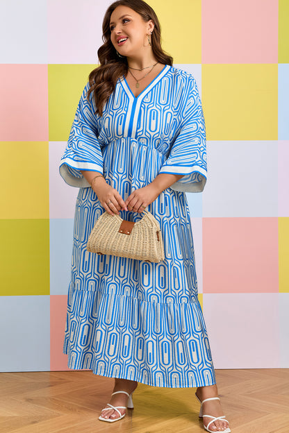 Vestido largo con estampado geométrico de talla grande en azul cielo con ribete en contraste y cuello en V de manga pulsera