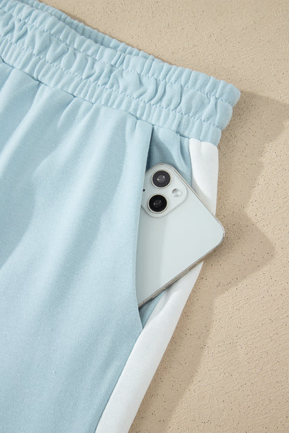 Mist Blue Contrast Trim Round Neck Pocketed Boxy Tank Top Wide Leg Pant Set - Snoopy's Closet