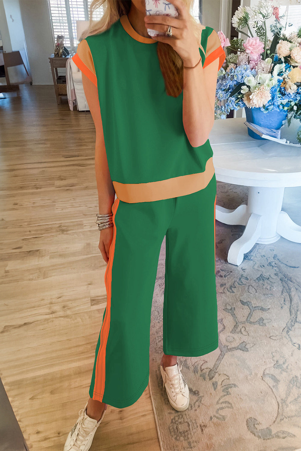 Dark Green Color Block Detail Casual Two-piece Set - Snoopy's Closet